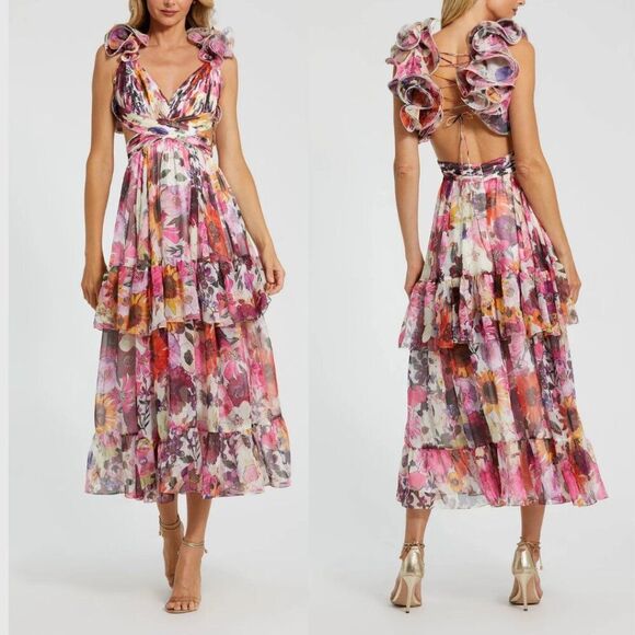 Mac Duggal 56048 Size 2 Ruffled Tiered Cut-Out Multicolored Floral Chiffon Dress - Picture 4 of 4